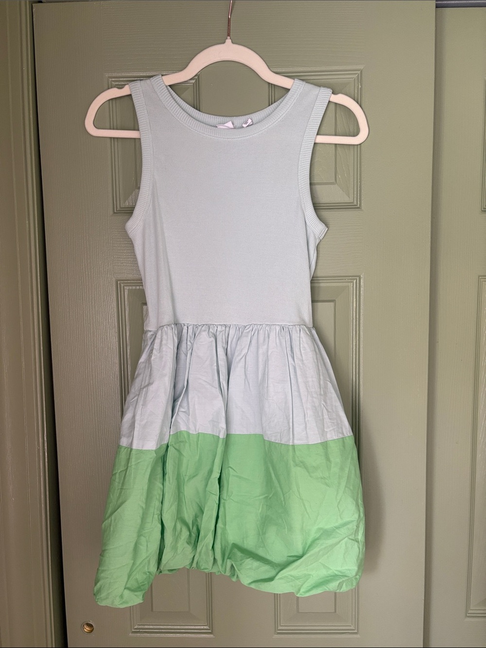 GAP Girls Mixed Media Bubble Sleeveless Dress in Light Blue and Mint Green
